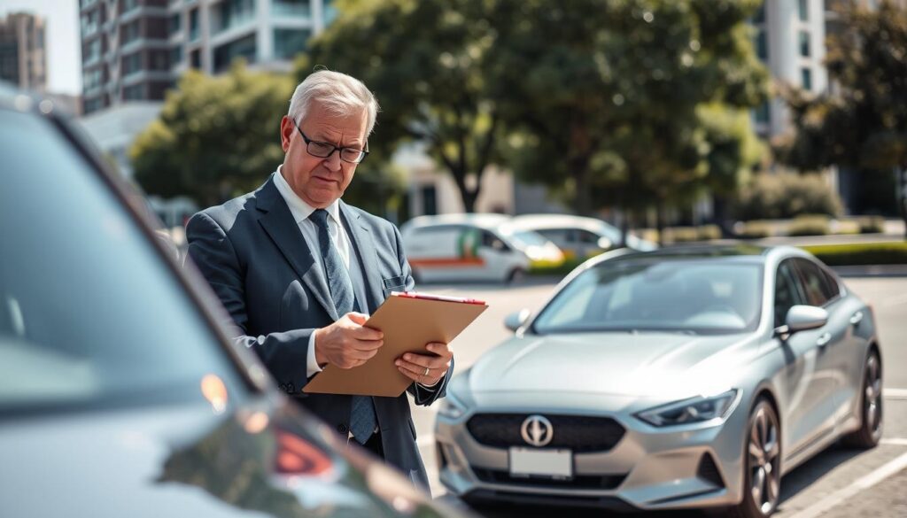 A professional vehicle appraiser, depicted as a middle-aged man in a smart business suit, examines a car in an urban setting. The foreground features the appraiser holding a clipboard while inspecting the vehicle's exterior for damages and details, showcasing his focused expression. In the middle ground, a sleek, modern car is parked, illustrating the contrast between a standard car and a high-value vehicle. The background captures a cityscape with office buildings and trees, suggesting a busy environment. The lighting is bright and natural, with sunlight illuminating the scene, creating an engaging and professional atmosphere. The overall mood is one of expertise and thoroughness, reflecting the importance of choosing the right appraiser in vehicle valuation.