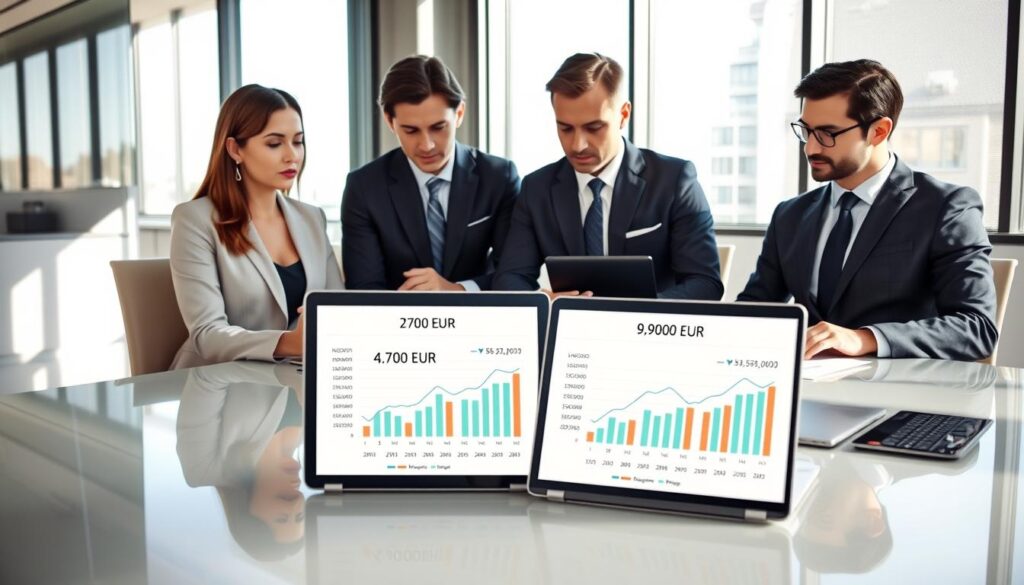 A sleek, modern office setting serves as the background, featuring a polished conference table with a laptop displaying comparative insurance quotes and graphs. In the foreground, a diverse group of three professionals, dressed in sharp business attire, are engaged in a focused discussion, analyzing the two quotes: one labeled '4,700 EUR' and the other '9,900 EUR'. Natural light streams in from large windows, casting soft shadows on their serious expressions, conveying an air of professionalism and deliberation. The image captures a sense of collaboration and critical analysis, highlighting the importance of understanding different valuation perspectives in insurance. The scene is framed with a wide-angle lens to encompass both the individuals and the detailed charts on the laptop.
