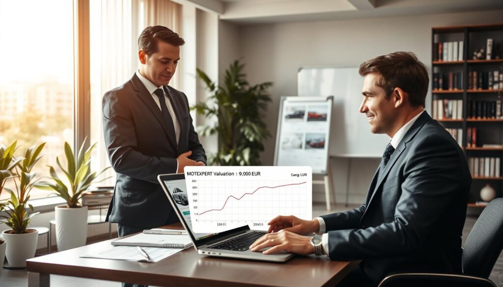 A sophisticated office environment showcasing a professional vehicle valuation scene, illuminated by soft, natural light streaming through large windows. In the foreground, a well-dressed financial expert analyzing car valuation data on a sleek laptop, surrounded by automotive images and charts, all visually representing MOTOEXPERT’s valuation of 9,900 EUR. The middle ground features a detailed chart comparing MOTOEXPERT's valuation with a lower one, enhancing the importance of accurate assessments. In the background, modern office decor with plants, a whiteboard, and shelves filled with automotive books, creating a productive atmosphere. The overall mood is informative and confident, reflecting a sense of professionalism and expertise in vehicle valuation.