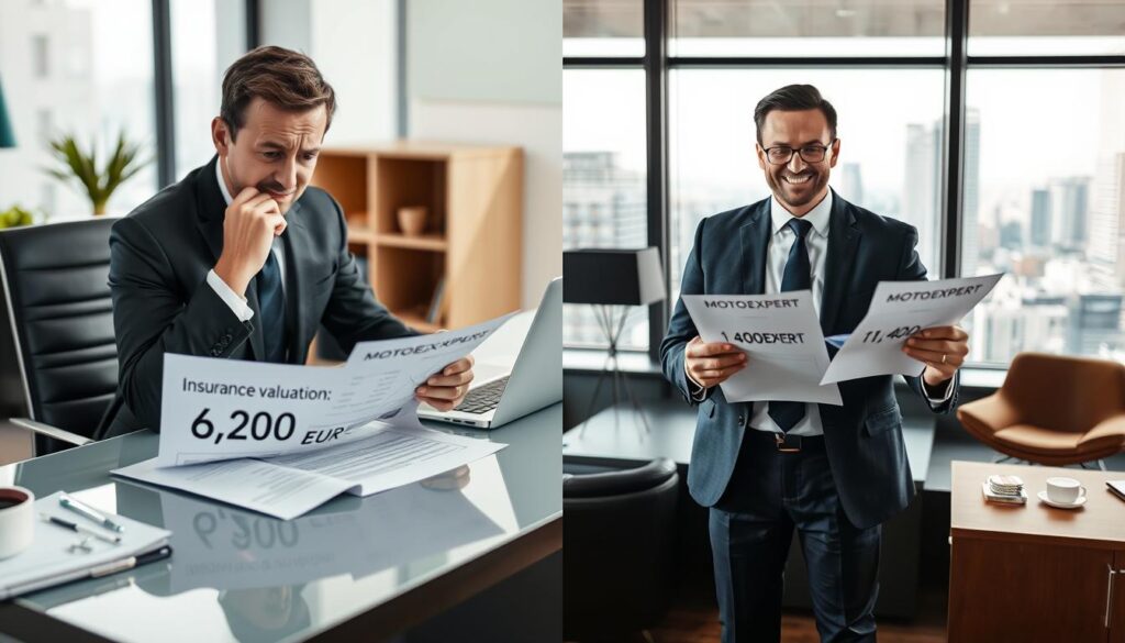 A split image comparing two insurance valuation assessments: on the left, a business professional wearing a suit, examining a document labeled "Insurance Valuation: 6,200 EUR" at a sleek modern office desk, with a worried expression. On the right, another professional in business attire, confidently reviewing a document labeled "MOTOEXPERT: 11,400 EUR," standing beside a large window with city views, displaying a satisfied smile. The foreground features a clear distinction between the two valuations, emphasizing the contrast. The middle ground includes stylish office decor and accessories like a laptop, notepad, and coffee cup. The background has a bright, well-lit atmosphere, showcasing a professional yet tense decision-making environment, captured with soft lighting and a slight depth of field focus.