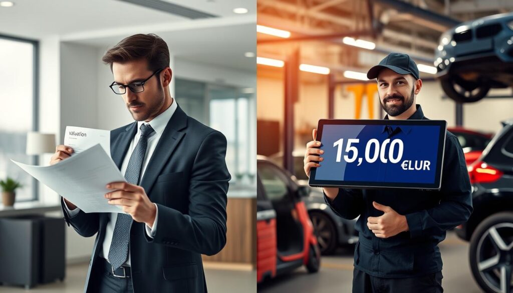 A split-screen comparison focused on the valuation differences between an insurance company and MOTOEXPERT. On the left, depict a clean, modern office space with a professional agent in business attire examining paperwork showing a valuation of 7,500 EUR. The agent should have an analytical expression, highlighting seriousness. On the right, illustrate a vibrant automotive workshop with a mechanic in professional attire showcasing a higher valuation of 15,000 EUR on a digital screen surrounded by tools and cars. The background should have soft, ambient lighting to create a professional yet approachable atmosphere. Capture both scenes from a slightly elevated angle to enhance the contrast between the two environments, emphasizing the valuation comparison.