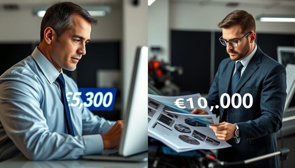 A split-screen comparison image illustrating two car damage valuation amounts: on the left side, depict a professional insurance adjuster in formal business attire examining a computer screen displaying the valuation of €5,300, with a serious expression and soft, focused lighting. On the right side, show a car expert, also dressed professionally, reviewing detailed reports and images that display the valuation of €12,000, surrounded by tools and equipment for car assessments. The background should feature a clean, modern office environment with a contrasting color scheme to symbolize the differences in valuations. The overall mood is analytical and serious, with clear distinctions between both valuations visually represented, highlighting the disparity in estimates. Use a moderate depth of field to keep the focus sharp on the subjects while softly blurring the background elements.