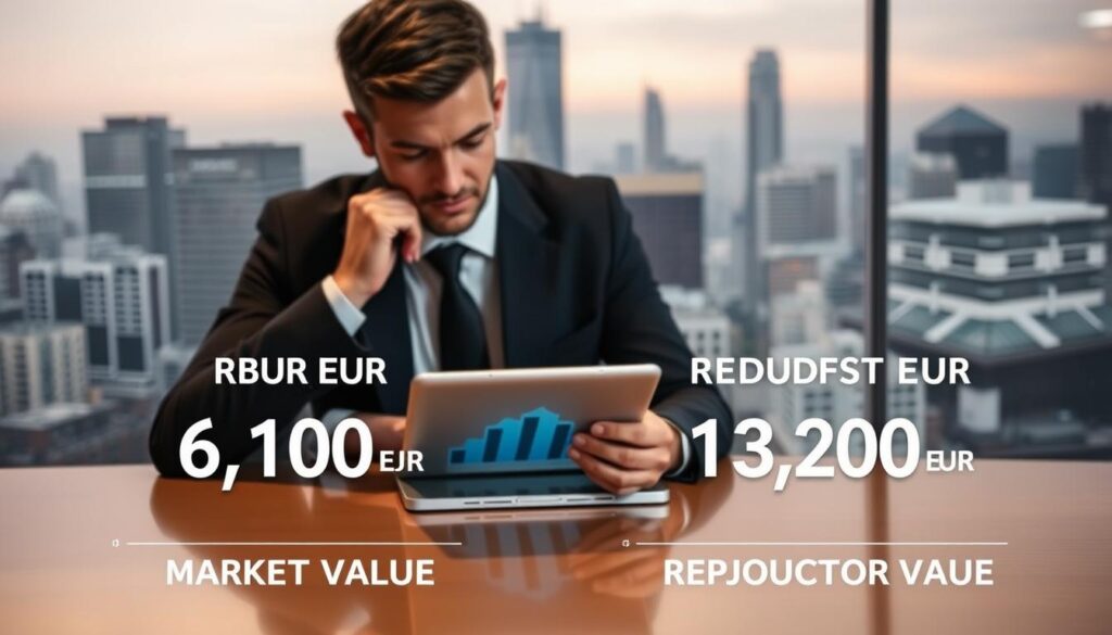 A visually compelling comparison of market value and reproduction value, presented in the foreground with two distinct graphs: one representing a market value of 6,100 EUR and the other a reproduction value of 13,200 EUR. In the middle, a professional businessperson in smart attire analyzes the data, looking thoughtfully at a digital tablet on a sleek desk, with a contrasting bar chart displayed. The background features an abstract cityscape that emphasizes financial themes, with soft, ambient lighting to create a serious yet optimistic atmosphere. The scene is slightly elevated, taken from a 45-degree angle to convey depth and clarity in the comparison. Overall, the mood reflects a sense of professionalism and analytical insight, aimed at understanding key differences in valuations.