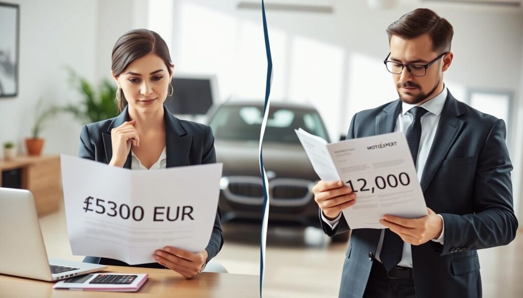 A visually compelling comparison scene illustrating insurance costs, focusing on a split image. In the foreground, on the left, depict a professional woman in a sleek business suit reviewing a document titled "5,300 EUR" with a thoughtful expression, surrounded by modern office elements like a laptop and a calculator. On the right, show a confident businessman in a tailored suit analyzing a report labeled "12,000 EUR," set against a backdrop of a car, symbolizing the MOTOEXPERT services. In the middle, a flowing visual transition signifies the comparison between the two costs. Use soft, natural lighting to create a clear, professional atmosphere. The background should be a contemporary office space with minimalistic decor, avoiding clutter to maintain focus on the subjects and their respective insights.