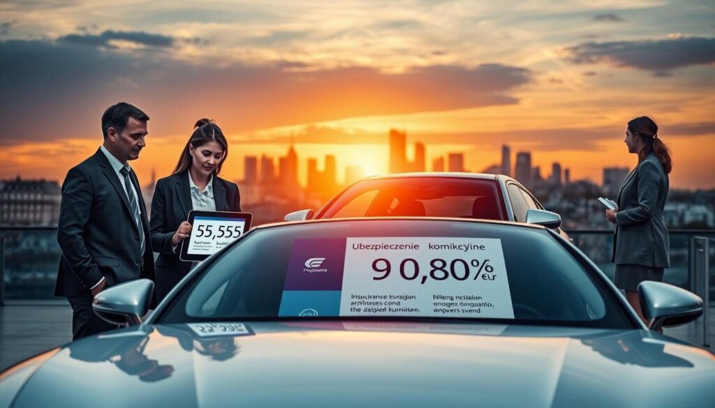 A visually striking scene centered around the concept of car insurance. In the foreground, a diverse group of four professionals in business attire are engaged in a discussion, using a tablet displaying insurance figures, reflecting the contrasting values of 5,555 EUR and 9,800 EUR. The middle ground features a sleek, modern car with a digital overlay showcasing insurance policies like "ubezpieczenie komunikacyjne". In the background, a city skyline at sunset casts a warm glow, symbolizing both opportunity and decision-making. Soft lighting creates a focused, yet collaborative atmosphere, enhancing the serious nature of the topic. Use a wide-angle lens to capture the dynamics among the people and the vehicle, integrating the themes of trust and choice in insurance decisions.