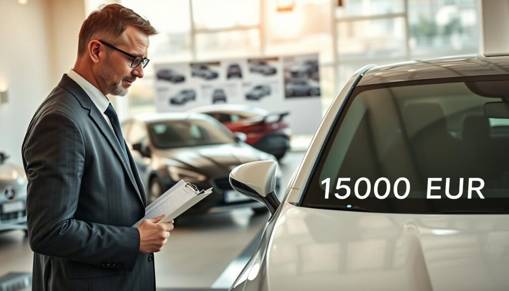 A well-dressed automotive expert inspecting a sleek, modern vehicle in a well-lit, professional office environment. The foreground features the expert, a middle-aged Caucasian man in a tailored suit, holding a clipboard and examining a car's exterior with a magnifying glass, showcasing a sense of precision and care. In the middle ground, a bright workspace filled with automotive diagrams and a large window allowing natural light to stream in, enhancing the atmosphere of professionalism and expertise. The background hints at a sophisticated automotive showroom featuring various high-end vehicles. The mood conveys professionalism, clarity, and trustworthiness, suitable for an authoritative appraisal context. Soft, warm lighting casts subtle shadows, creating an inviting yet serious ambiance for financial evaluation, with a focus on a vehicle labeled "MOTOEXPERT 15 000 EUR."