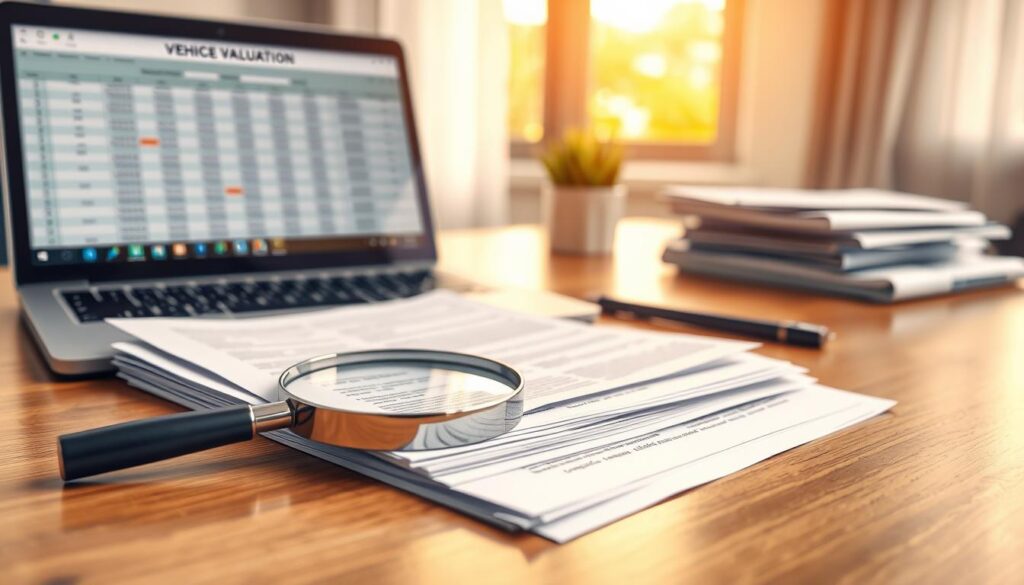 A well-organized desk scene featuring a stack of essential vehicle valuation documents, such as inspection reports, registration papers, and insurance records, neatly arranged on a polished wooden surface. In the foreground, a magnifying glass lies atop the documents, emphasizing attention to detail. The middle ground includes a laptop displaying a spreadsheet with vehicle valuation calculations, reflecting a professional environment. The background features a softly blurred window allowing warm natural light to illuminate the scene, creating a calm and professional atmosphere. The camera angle captures the documents at an inviting angle, with a shallow depth of field drawing the viewer's focus to the intricate details of the paperwork while maintaining brightness and clarity throughout. A well-organized desk scene featuring a stack of essential vehicle valuation documents, such as inspection reports, registration papers, and insurance records, neatly arranged on a polished wooden surface. In the foreground, a magnifying glass lies atop the documents, emphasizing attention to detail. The middle ground includes a laptop displaying a spreadsheet with vehicle valuation calculations, reflecting a professional environment. The background features a softly blurred window allowing warm natural light to illuminate the scene, creating a calm and professional atmosphere. The camera angle captures the documents at an inviting angle, with a shallow depth of field drawing the viewer's focus to the intricate details of the paperwork while maintaining brightness and clarity throughout.
