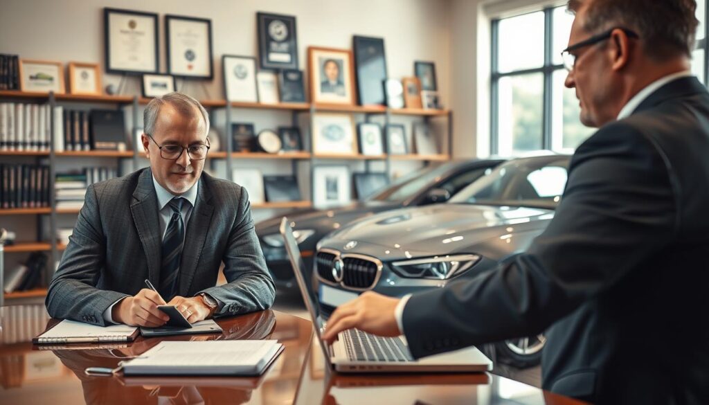 An office scene depicting a professional car appraiser, known as "rzeczoznawca MOTOEXPERT," analyzing a vehicle's value. In the foreground, a well-dressed middle-aged man examines the car, wearing a tailored suit and glasses, with a notepad, calculator, and a laptop open on a polished desk. In the middle ground, a sleek, modern car is showcased, possibly a luxury sedan, with visible details like its exterior shine and the brand emblem. The background features shelves filled with automotive manuals, awards, and framed certificates, giving a sense of expertise and professionalism. Soft, warm lighting illuminates the scene from a window, creating an inviting yet serious atmosphere. The angle captures both the car and the appraiser's focused expression, highlighting the analysis process.