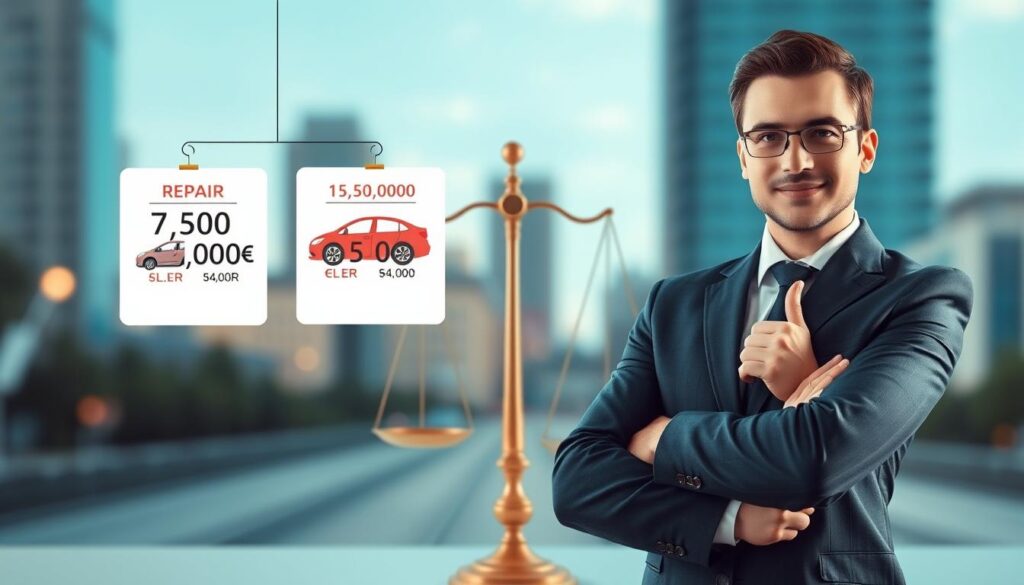 A conceptual illustration representing automobile insurance solutions in a dispute context. In the foreground, a confident insurance agent in a professional suit gestures towards floating images of car repair estimates labeled "7,500 EUR" and "15,000 EUR", indicating contrasting evaluations. The middle ground features a balanced scale, symbolizing fairness and justice, with icons of cars on either side. In the background, a blurred cityscape creates an urban atmosphere, highlighting a sense of professionalism in the insurance industry. Use soft, natural lighting to evoke a calm yet serious mood, with a slight depth of field to focus on the agent and the scale, while ensuring the overall composition feels cohesive and illustrative of resolution and negotiation. A conceptual illustration representing automobile insurance solutions in a dispute context. In the foreground, a confident insurance agent in a professional suit gestures towards floating images of car repair estimates labeled "7,500 EUR" and "15,000 EUR", indicating contrasting evaluations. The middle ground features a balanced scale, symbolizing fairness and justice, with icons of cars on either side. In the background, a blurred cityscape creates an urban atmosphere, highlighting a sense of professionalism in the insurance industry. Use soft, natural lighting to evoke a calm yet serious mood, with a slight depth of field to focus on the agent and the scale, while ensuring the overall composition feels cohesive and illustrative of resolution and negotiation.
