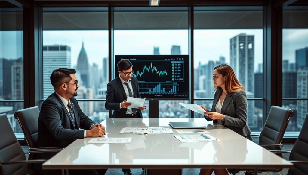 A contemporary office environment showcasing professionals discussing insurance valuations. In the foreground, a diverse group of three business people—two men in suits and a woman in a smart blazer—gather around a sleek conference table, analyzing charts and documents. In the middle, a large screen displays fluctuating graphs and market data, symbolizing the impact of market trends on insurance prices. The background features a panoramic view of a bustling cityscape through large glass windows, enhancing the ambiance of a dynamic business environment. Soft, natural lighting from the windows creates an inviting atmosphere, highlighting the attentive expressions of the participants, while a shallow depth of field focuses on their engagement in the discussion.