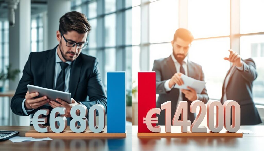 A contrast of two evaluative scenes depicting insurance price differences. In the foreground, two side-by-side raised bar charts showcasing "€6,800" and "€14,200" representing the valuations. On the left, a clear visual of a well-dressed business professional analyzing data on a tablet, with a focused expression. On the right, another professionally attired individual is deeply engaged in discussions, pointing at dynamic graphs. In the middle ground, subtle representations of insurance-related materials like policy documents and calculators. The background features a modern office setting with bright, natural lighting streaming through large windows, creating a productive atmosphere and highlighting the significance of informed decision-making in insurance valuations. A contrast of two evaluative scenes depicting insurance price differences. In the foreground, two side-by-side raised bar charts showcasing "€6,800" and "€14,200" representing the valuations. On the left, a clear visual of a well-dressed business professional analyzing data on a tablet, with a focused expression. On the right, another professionally attired individual is deeply engaged in discussions, pointing at dynamic graphs. In the middle ground, subtle representations of insurance-related materials like policy documents and calculators. The background features a modern office setting with bright, natural lighting streaming through large windows, creating a productive atmosphere and highlighting the significance of informed decision-making in insurance valuations.
