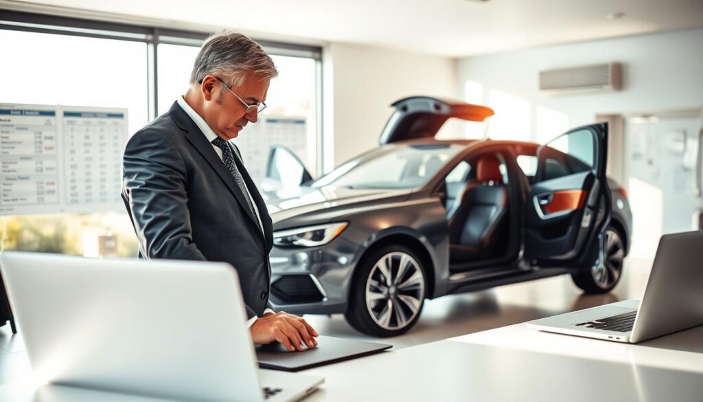 A detailed and professional vehicle appraisal scene, showcasing a well-dressed appraiser examining a car in a bright, air-conditioned office. In the foreground, the appraiser, a middle-aged man in a smart suit, is focused on the vehicle's interior. In the middle ground, an elegant car, a modern sedan, is positioned with its doors open, revealing a pristine interior. The background features a large window with natural light streaming in, casting soft shadows and creating an inviting atmosphere. The office is furnished with professional tools, charts on the wall regarding vehicle values, and a sleek desk with a laptop. The overall mood is one of professionalism and meticulous attention to detail, ideal for conveying the theme of vehicle valuation quality in a comparative analysis. A detailed and professional vehicle appraisal scene, showcasing a well-dressed appraiser examining a car in a bright, air-conditioned office. In the foreground, the appraiser, a middle-aged man in a smart suit, is focused on the vehicle's interior. In the middle ground, an elegant car, a modern sedan, is positioned with its doors open, revealing a pristine interior. The background features a large window with natural light streaming in, casting soft shadows and creating an inviting atmosphere. The office is furnished with professional tools, charts on the wall regarding vehicle values, and a sleek desk with a laptop. The overall mood is one of professionalism and meticulous attention to detail, ideal for conveying the theme of vehicle valuation quality in a comparative analysis.