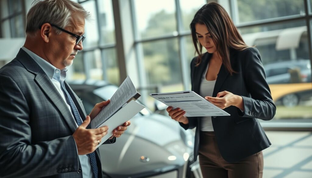 A detailed comparison scenario depicting a professional insurance adjuster and an automotive appraiser examining a vehicle. In the foreground, the insurance adjuster, a middle-aged man dressed in a smart business suit, is reviewing documents on a clipboard, looking thoughtful. Next to him, the automotive appraiser, a young woman wearing a professional blazer, is using a tablet to showcase a detailed report. In the middle ground, a sleek car is parked, highlighted with a subtle shine to emphasize the appraisal focus. The background features an office environment with large windows, allowing natural light to flood the scene, creating a bright and professional atmosphere. The image conveys a sense of diligence and professionalism in the valuation process, reflecting real-world examples.