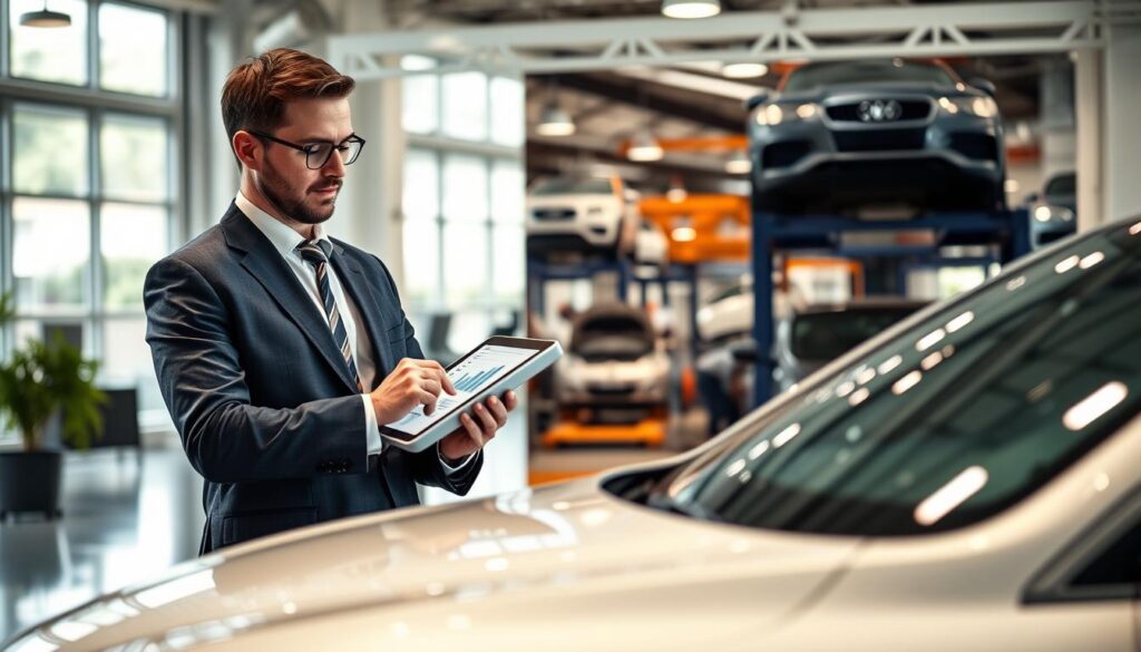 A detailed composition illustrating vehicle valuation methods, with a professional atmosphere. In the foreground, a confident insurance adjuster in a tailored suit analyzes a sleek modern car using a tablet, vividly displaying graphs and data. In the middle, a contrasting scene shows a busy workshop with mechanics examining different types of vehicles, highlighting various methods like inspections and appraisals. In the background, a bright office space with large windows lets in natural light, creating a clean and organized environment. The mood is professional and analytical, reflecting precision and clarity. Use a shallow depth of field to focus on the adjuster and the tablet, with soft lighting to maintain an inviting yet serious tone. A detailed composition illustrating vehicle valuation methods, with a professional atmosphere. In the foreground, a confident insurance adjuster in a tailored suit analyzes a sleek modern car using a tablet, vividly displaying graphs and data. In the middle, a contrasting scene shows a busy workshop with mechanics examining different types of vehicles, highlighting various methods like inspections and appraisals. In the background, a bright office space with large windows lets in natural light, creating a clean and organized environment. The mood is professional and analytical, reflecting precision and clarity. Use a shallow depth of field to focus on the adjuster and the tablet, with soft lighting to maintain an inviting yet serious tone.