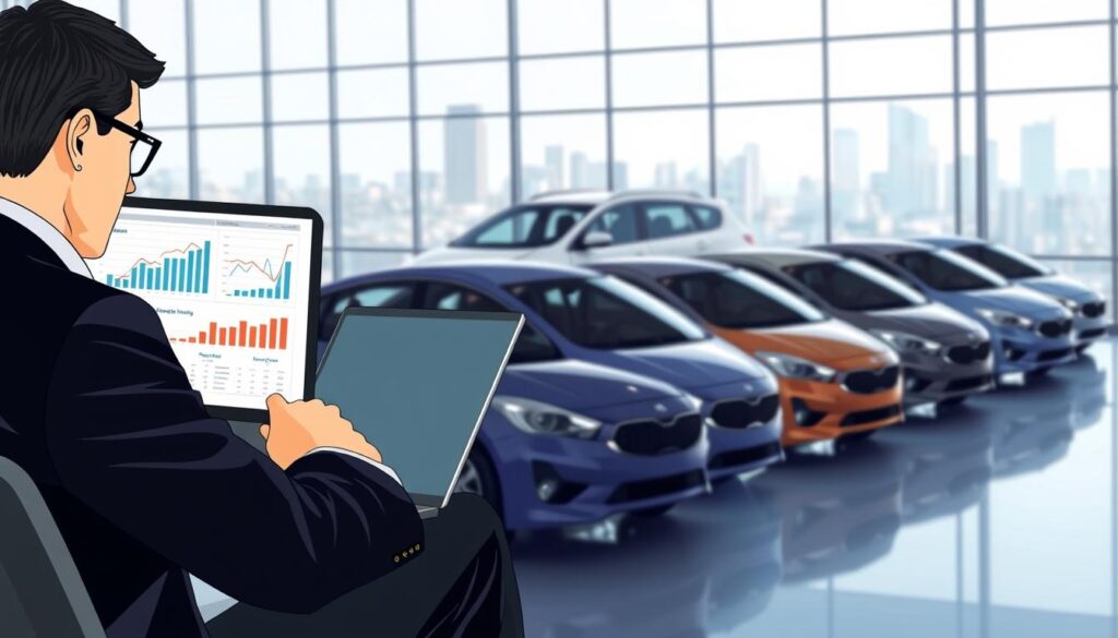 A detailed illustration depicting the main factors influencing vehicle valuation. In the foreground, a professional business analyst in formal attire, using a laptop, analyzing data with various charts and graphs on the screen. In the middle ground, a car showroom with an array of vehicles on display, representing different models and conditions, highlighted under bright, natural lighting. The background features a large window showcasing a cityscape, casting soft shadows and creating an office ambiance. The overall mood is analytical and sophisticated, emphasizing clarity and insight into the valuation process. The image should evoke a sense of professionalism and seriousness in the context of vehicle pricing. No text or watermarks included.