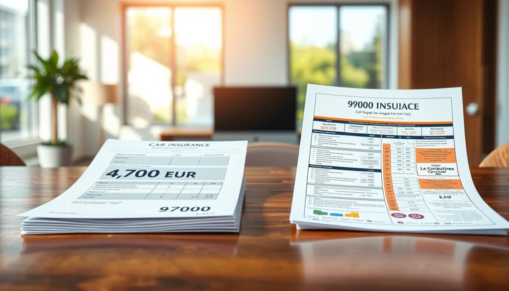 A detailed illustration of two car insurance assessments laid out side by side on a polished wooden desk. On the left, a document labeled with "4,700 EUR" in a formal layout, featuring a minimalist design and subtle graphs indicating value depreciation. On the right, a more ornate document labeled "9,900 EUR," showcasing comprehensive coverage details with colorful charts and a vibrant header. In the background, a bright modern office setting with soft natural light filtering through large windows, giving an inviting atmosphere. The focus is sharp on the documents, with a shallow depth of field. Incorporate subtle reflections on the desk surface, suggesting professionalism and clarity in the insurance industry context. A detailed illustration of two car insurance assessments laid out side by side on a polished wooden desk. On the left, a document labeled with "4,700 EUR" in a formal layout, featuring a minimalist design and subtle graphs indicating value depreciation. On the right, a more ornate document labeled "9,900 EUR," showcasing comprehensive coverage details with colorful charts and a vibrant header. In the background, a bright modern office setting with soft natural light filtering through large windows, giving an inviting atmosphere. The focus is sharp on the documents, with a shallow depth of field. Incorporate subtle reflections on the desk surface, suggesting professionalism and clarity in the insurance industry context.