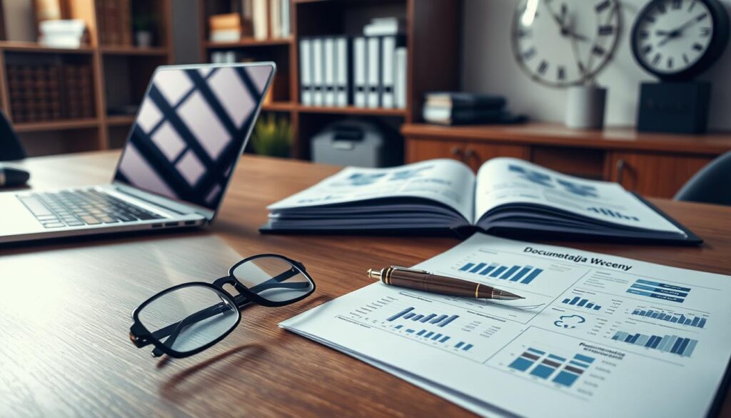 A detailed, professional workspace featuring an open document labeled "Dokumentacja Wyceny" on a sleek wooden desk. In the foreground, a pair of reading glasses rests beside a high-end laptop, with an elegant pen poised on a notepad filled with graphs and figures. In the middle ground, a well-organized folder showcases various financial charts and invoices, reflecting meticulous attention to detail. The background includes shelves filled with books and a modern clock, creating a sense of structure and professionalism. Soft, warm lighting filters through a nearby window, casting gentle shadows and enhancing the atmosphere of thoughtful analysis and seriousness. The overall mood should evoke a sense of clarity, precision, and trustworthiness in the valuation process. A detailed, professional workspace featuring an open document labeled "Dokumentacja Wyceny" on a sleek wooden desk. In the foreground, a pair of reading glasses rests beside a high-end laptop, with an elegant pen poised on a notepad filled with graphs and figures. In the middle ground, a well-organized folder showcases various financial charts and invoices, reflecting meticulous attention to detail. The background includes shelves filled with books and a modern clock, creating a sense of structure and professionalism. Soft, warm lighting filters through a nearby window, casting gentle shadows and enhancing the atmosphere of thoughtful analysis and seriousness. The overall mood should evoke a sense of clarity, precision, and trustworthiness in the valuation process.
