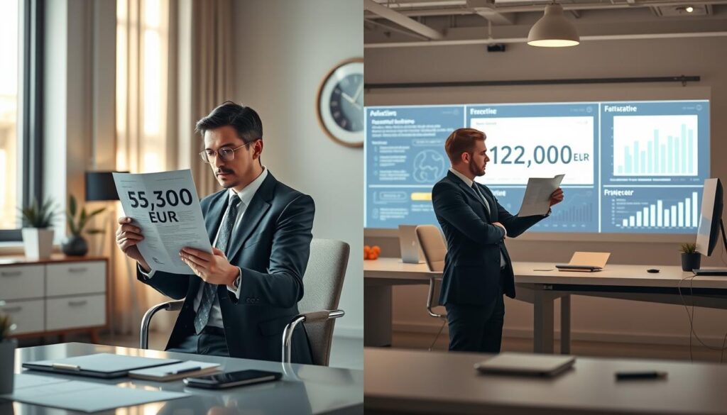 A divided image showcasing a comparison of two car insurance valuations. On the left side, depict a neat office scene with a financial advisor in professional business attire analyzing a document representing a valuation of 5,300 EUR. The lighting is warm and inviting, with a hint of natural light filtering through a window, creating a focused atmosphere. On the right side, illustrate a modern workspace where another advisor, dressed similarly, examines a document labeled 12,000 EUR. This side is brighter and livelier, showcasing a digital display with charts and graphs. The background should include elements like simple office furniture and muted colors to maintain a professional tone, emphasizing the analytical nature of both valuations. A divided image showcasing a comparison of two car insurance valuations. On the left side, depict a neat office scene with a financial advisor in professional business attire analyzing a document representing a valuation of 5,300 EUR. The lighting is warm and inviting, with a hint of natural light filtering through a window, creating a focused atmosphere. On the right side, illustrate a modern workspace where another advisor, dressed similarly, examines a document labeled 12,000 EUR. This side is brighter and livelier, showcasing a digital display with charts and graphs. The background should include elements like simple office furniture and muted colors to maintain a professional tone, emphasizing the analytical nature of both valuations.