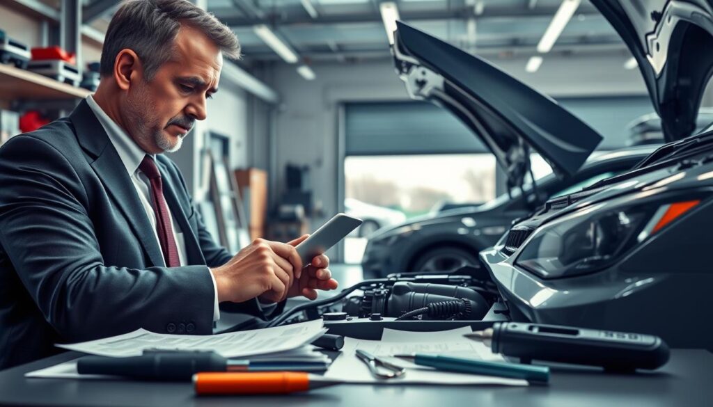 A highly detailed illustration of a professional automotive expert, referred to as "rzeczoznawca MOTOEXPERT." The scene focuses on a middle-aged man in a smart business suit examining a car engine, showcasing a serious and analytical demeanor. In the foreground, tools and paperwork lay on a workbench, symbolizing thoroughness and professionalism. The middle background features a well-lit workspace with an open garage door letting in natural light, highlighting the detailing of car models and technical equipment. The atmosphere is technical and focused, conveying a sense of trust and expertise in automotive evaluation. The image captures the essence of professionalism in the automotive appraisal field, emphasizing precision and knowledge without any distractions or text elements. A highly detailed illustration of a professional automotive expert, referred to as "rzeczoznawca MOTOEXPERT." The scene focuses on a middle-aged man in a smart business suit examining a car engine, showcasing a serious and analytical demeanor. In the foreground, tools and paperwork lay on a workbench, symbolizing thoroughness and professionalism. The middle background features a well-lit workspace with an open garage door letting in natural light, highlighting the detailing of car models and technical equipment. The atmosphere is technical and focused, conveying a sense of trust and expertise in automotive evaluation. The image captures the essence of professionalism in the automotive appraisal field, emphasizing precision and knowledge without any distractions or text elements.