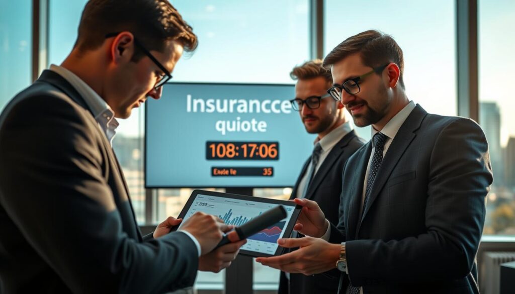 A modern office environment showcasing a diligent team evaluating insurance quotes. In the foreground, a diverse group of three professionals—two men and one woman—are focused on a digital tablet displaying graphs and financial data. They wear smart business attire, conveying a serious yet collaborative atmosphere. In the middle, a large screen displays the phrases "Insurance Assessment" and a timer showing elapsed time, emphasizing the concept of “Czas realizacji wyceny.” The background features a large window with a city skyline, letting in natural light that creates a warm and productive environment. The overall mood is analytical and optimistic, highlighting a commitment to thorough, timely evaluations. The angle is slightly elevated, capturing both the team and the technological tools in action, with soft focus on the city backdrop. A modern office environment showcasing a diligent team evaluating insurance quotes. In the foreground, a diverse group of three professionals—two men and one woman—are focused on a digital tablet displaying graphs and financial data. They wear smart business attire, conveying a serious yet collaborative atmosphere. In the middle, a large screen displays the phrases "Insurance Assessment" and a timer showing elapsed time, emphasizing the concept of “Czas realizacji wyceny.” The background features a large window with a city skyline, letting in natural light that creates a warm and productive environment. The overall mood is analytical and optimistic, highlighting a commitment to thorough, timely evaluations. The angle is slightly elevated, capturing both the team and the technological tools in action, with soft focus on the city backdrop.