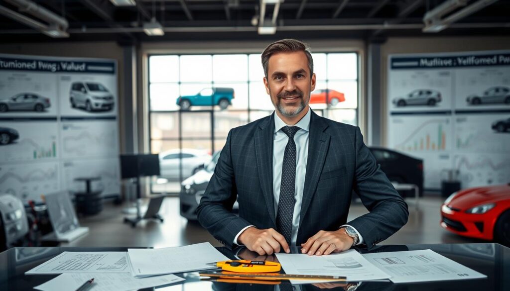 A professional and detailed automotive expert, referred to as "rzeczoznawca MOTOEXPERT," stands confidently in an office filled with technical automotive charts and valuation diagrams. He is dressed in a smart business suit, exuding professionalism and authority. In the foreground, there are documents and measuring tools on the desk, emphasizing the valuation process. The middle ground features large windows with natural light illuminating the space, creating an inviting atmosphere. The background showcases a variety of car models, suggesting extensive industry knowledge. The mood is focused and constructive, highlighting the theme of expert recommendations for insured clients seeking accurate vehicle evaluation. The scene is captured with a slight depth of field, giving prominence to the expert while softening the background elements for a cohesive look.