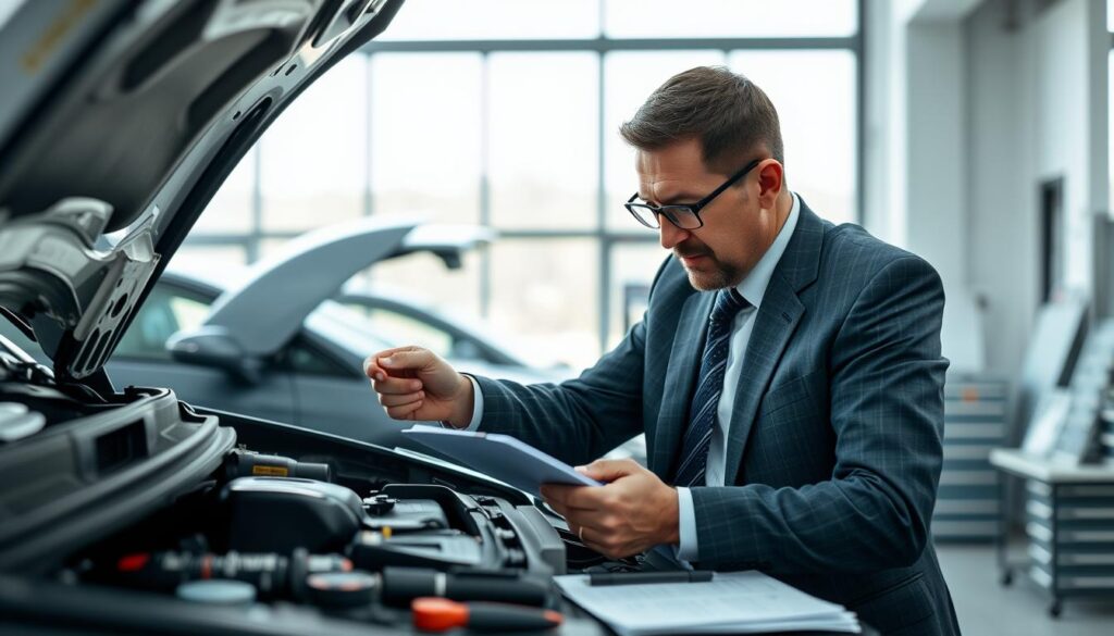 A professional and focused auto expert assessing a vehicle's condition in a well-lit indoor office environment, showcasing their expertise with modern tools and equipment. The expert, dressed in a smart business attire, is examining a car's engine, with a clipboard in hand, displaying an analytical expression. In the middle ground, a neatly organized workbench is visible, featuring various automotive tools and reports on vehicle evaluations. The background shows a large window letting in natural light, enhancing the atmosphere of precision and professionalism. The overall mood is serious and meticulous, emphasizing the detailed nature of the valuation process as represented by MOTOEXPERT’s thorough approach. High-resolution, shot with a 35mm lens, soft focus on the background to highlight the expert's focused activity. A professional and focused auto expert assessing a vehicle's condition in a well-lit indoor office environment, showcasing their expertise with modern tools and equipment. The expert, dressed in a smart business attire, is examining a car's engine, with a clipboard in hand, displaying an analytical expression. In the middle ground, a neatly organized workbench is visible, featuring various automotive tools and reports on vehicle evaluations. The background shows a large window letting in natural light, enhancing the atmosphere of precision and professionalism. The overall mood is serious and meticulous, emphasizing the detailed nature of the valuation process as represented by MOTOEXPERT’s thorough approach. High-resolution, shot with a 35mm lens, soft focus on the background to highlight the expert's focused activity.