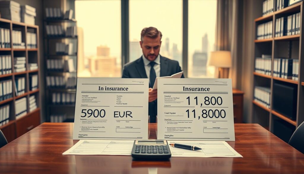 A professional and informative scene depicting a comparison of two insurance quotes: one labeled as "5,900 EUR" and the other as "11,800 EUR." In the foreground, show two side-by-side documents on a polished wooden desk, with a calculator and a pen beside them. In the middle ground, a serious business professional in smart attire examines the documents, taking notes. The background features a softly lit office environment with shelves filled with insurance books and a window offering a view of a city skyline during daytime. The lighting is bright but warm, creating a focused and analytical atmosphere, ideal for a financial comparison. The overall mood is serious and professional, reflecting the importance of evaluating insurance quotes.
