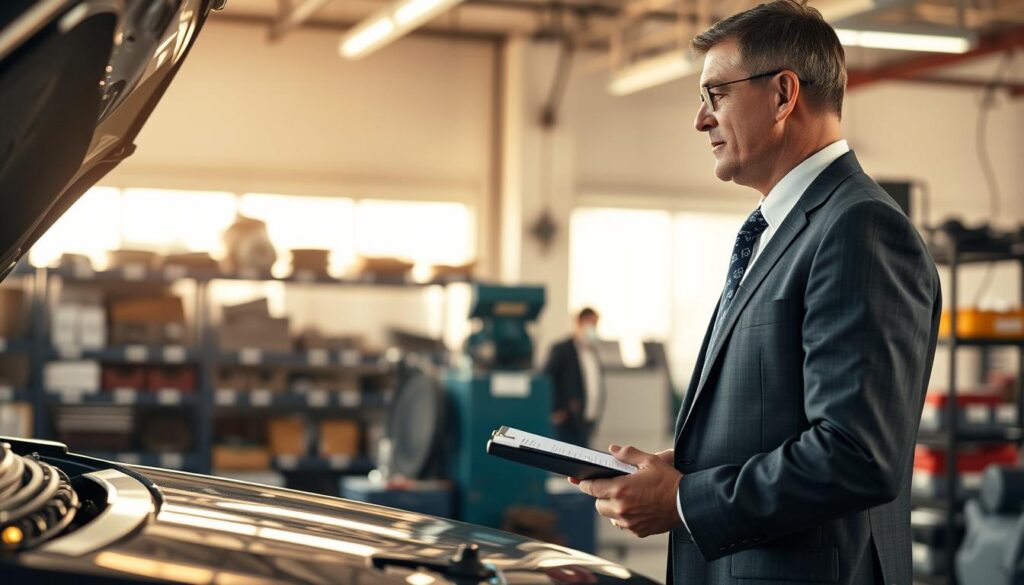 A professional appraiser, dressed in smart business attire, is examining a car in a well-lit auto repair shop. In the foreground, focus on the appraiser, a middle-aged Caucasian man, carefully assessing the vehicle's condition with a clipboard in hand. In the middle ground, showcase various tools and equipment used for vehicle inspection, highlighted by soft, natural lighting. The background features shelves with auto parts and a large window allowing warm sunlight to flood the scene, creating a bright and engaging atmosphere. The mood conveys professionalism and diligence, emphasizing the importance of accurate vehicle valuation in insurance contexts. The angle captures the man in profile, adding a dynamic quality to the image, while maintaining a clean and focused composition. A professional appraiser, dressed in smart business attire, is examining a car in a well-lit auto repair shop. In the foreground, focus on the appraiser, a middle-aged Caucasian man, carefully assessing the vehicle's condition with a clipboard in hand. In the middle ground, showcase various tools and equipment used for vehicle inspection, highlighted by soft, natural lighting. The background features shelves with auto parts and a large window allowing warm sunlight to flood the scene, creating a bright and engaging atmosphere. The mood conveys professionalism and diligence, emphasizing the importance of accurate vehicle valuation in insurance contexts. The angle captures the man in profile, adding a dynamic quality to the image, while maintaining a clean and focused composition.