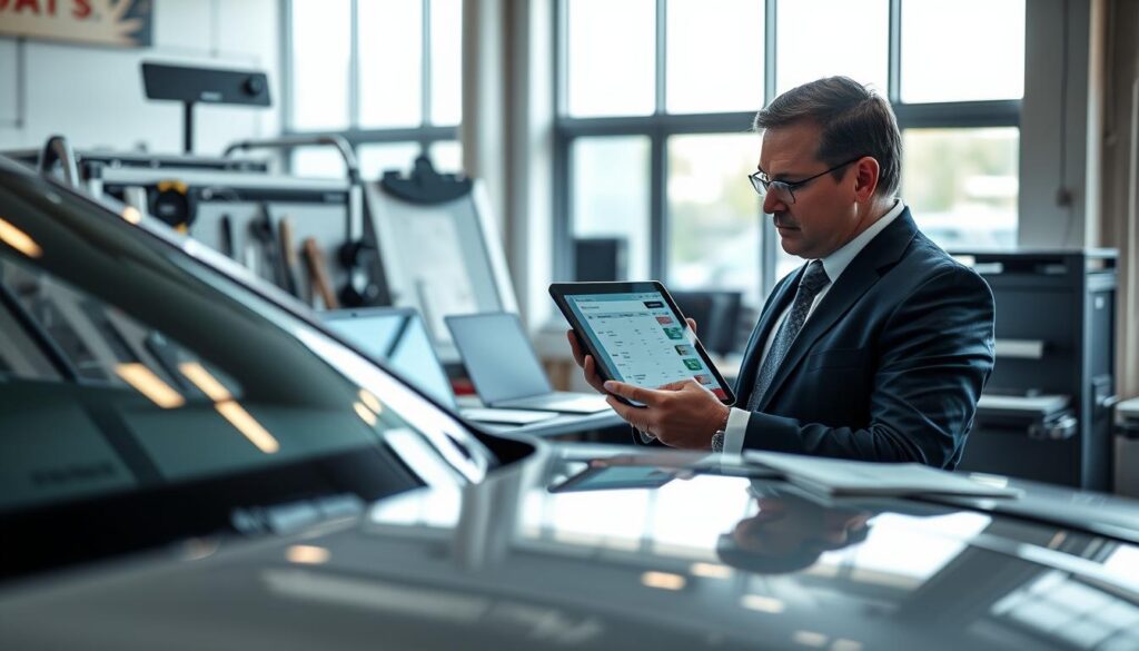 A professional auto appraisal scene featuring a MOTOEXPERT vehicle evaluation expert in smart business attire, examining a car's interior closely under soft, diffused lighting. The expert is holding a digital tablet displaying evaluation data, with a focused expression. In the foreground, the polished car gleams, showcasing its pristine condition. The middle ground contains an organized workspace with tools, a laptop, and paperwork related to vehicle valuation. In the background, a modern office setting with large windows allows natural light to illuminate the space. The atmosphere conveys expertise, reliability, and professionalism, highlighting the meticulous process of vehicle appraisal. A professional auto appraisal scene featuring a MOTOEXPERT vehicle evaluation expert in smart business attire, examining a car's interior closely under soft, diffused lighting. The expert is holding a digital tablet displaying evaluation data, with a focused expression. In the foreground, the polished car gleams, showcasing its pristine condition. The middle ground contains an organized workspace with tools, a laptop, and paperwork related to vehicle valuation. In the background, a modern office setting with large windows allows natural light to illuminate the space. The atmosphere conveys expertise, reliability, and professionalism, highlighting the meticulous process of vehicle appraisal.