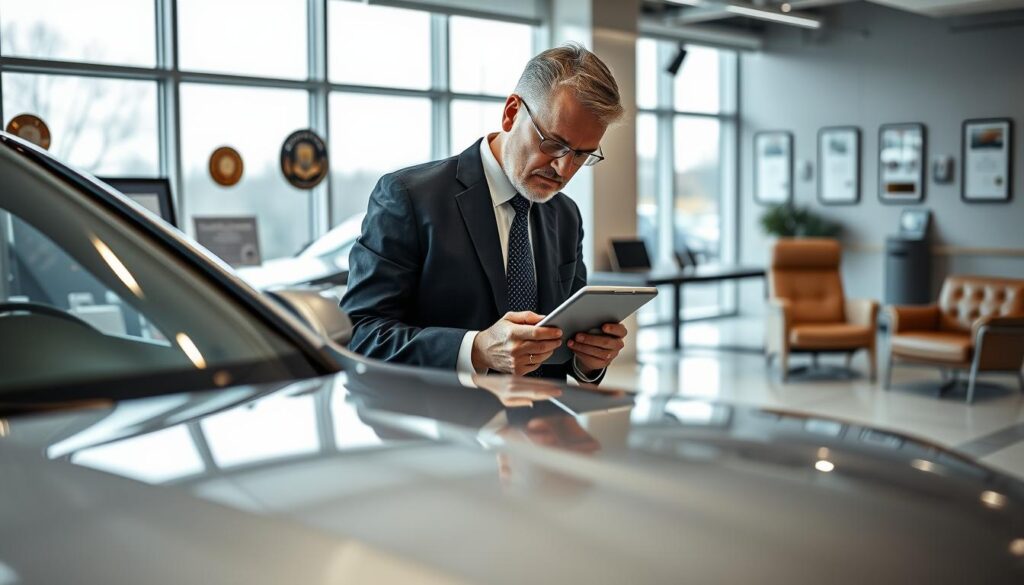 A professional automotive appraiser, depicted as a middle-aged person in a smart business suit, is focused on evaluating a car in a modern office setting. In the foreground, a detailed view of the appraiser inspecting a sleek, high-end vehicle, using a tablet to record observations. The middle ground features a polished office with large windows allowing natural light to flood the space, with automotive awards and certificates displayed on the walls. In the background, a sleek office desk is complemented by a soft leather chair. The atmosphere is serious yet professional, conveying an impression of expertise and reliability. Soft lighting highlights the car's features while creating a warm, inviting environment. A professional automotive appraiser, depicted as a middle-aged person in a smart business suit, is focused on evaluating a car in a modern office setting. In the foreground, a detailed view of the appraiser inspecting a sleek, high-end vehicle, using a tablet to record observations. The middle ground features a polished office with large windows allowing natural light to flood the space, with automotive awards and certificates displayed on the walls. In the background, a sleek office desk is complemented by a soft leather chair. The atmosphere is serious yet professional, conveying an impression of expertise and reliability. Soft lighting highlights the car's features while creating a warm, inviting environment.