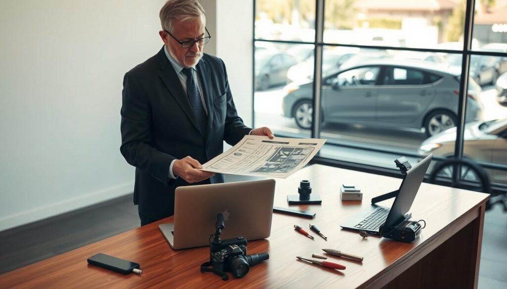 A professional automotive appraiser stands in a brightly lit office, examining a detailed car inspection report on a sleek wooden desk. The appraiser, a middle-aged individual wearing a tailored suit and glasses, has a focused expression while analyzing the data. In the background, a large window reveals a sunny day with a view of parked cars outside, hinting at a bustling auto dealership. On the desk, there is a modern laptop, a digital camera, and various automotive tools, symbolizing their expertise. The overall mood is serious and professional, conveying the importance of choosing the right appraiser. The image is captured in a balanced composition, with soft, diffused lighting to create an inviting yet serious atmosphere. A professional automotive appraiser stands in a brightly lit office, examining a detailed car inspection report on a sleek wooden desk. The appraiser, a middle-aged individual wearing a tailored suit and glasses, has a focused expression while analyzing the data. In the background, a large window reveals a sunny day with a view of parked cars outside, hinting at a bustling auto dealership. On the desk, there is a modern laptop, a digital camera, and various automotive tools, symbolizing their expertise. The overall mood is serious and professional, conveying the importance of choosing the right appraiser. The image is captured in a balanced composition, with soft, diffused lighting to create an inviting yet serious atmosphere.