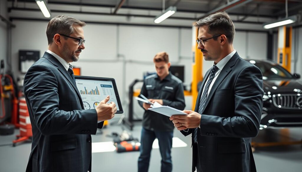 A professional automotive examiner in their late 30s, dressed in a neat, dark business suit, examines a sleek, modern vehicle in a well-lit garage. In the foreground, the examiner holds a digital tablet displaying detailed vehicle assessment data, while next to them, a focused automotive engineer is taking notes. The middle ground features an array of tools and diagnostic equipment, emphasizing the technical nature of their work. The background reveals a polished car on a lift, highlighting the examination process. The lighting is bright and clean, casting soft shadows that create a focused yet professional atmosphere. A wide-angle perspective captures the entire scene, conveying a sense of industry professionalism and meticulousness in vehicle valuation. A professional automotive examiner in their late 30s, dressed in a neat, dark business suit, examines a sleek, modern vehicle in a well-lit garage. In the foreground, the examiner holds a digital tablet displaying detailed vehicle assessment data, while next to them, a focused automotive engineer is taking notes. The middle ground features an array of tools and diagnostic equipment, emphasizing the technical nature of their work. The background reveals a polished car on a lift, highlighting the examination process. The lighting is bright and clean, casting soft shadows that create a focused yet professional atmosphere. A wide-angle perspective captures the entire scene, conveying a sense of industry professionalism and meticulousness in vehicle valuation.