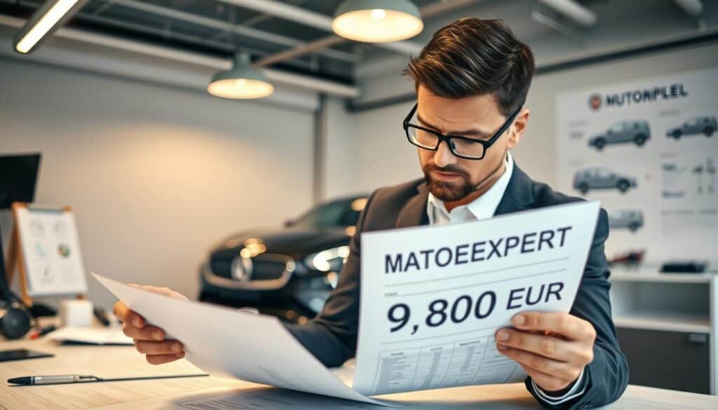A professional automotive expert analyzing a vehicle appraisal report, featuring a well-dressed man in a business suit, focused on a document labeled "MOTOEXPERT 9 800 EUR". The foreground shows the expert with a pen in hand, deep in thought, while in the middle, a sleek car is partially visible, showcasing modern design and features. The background includes a clean office setting with a desk cluttered with vehicle diagrams and appraisal tools. Soft overhead lighting creates a warm glow, while sharp focus on the expert conveys a sense of professionalism and authority. The atmosphere is serious yet engaging, reflecting the context of industry expertise and financial evaluation. A professional automotive expert analyzing a vehicle appraisal report, featuring a well-dressed man in a business suit, focused on a document labeled "MOTOEXPERT 9 800 EUR". The foreground shows the expert with a pen in hand, deep in thought, while in the middle, a sleek car is partially visible, showcasing modern design and features. The background includes a clean office setting with a desk cluttered with vehicle diagrams and appraisal tools. Soft overhead lighting creates a warm glow, while sharp focus on the expert conveys a sense of professionalism and authority. The atmosphere is serious yet engaging, reflecting the context of industry expertise and financial evaluation.