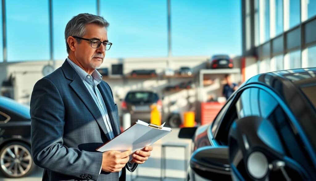 A professional automotive expert, depicted as a middle-aged man in a well-tailored suit, stands confidently in the foreground, holding a clipboard and examining a sleek car. His expression shows concentration and expertise. In the middle ground, a modern workshop can be seen, showcasing various automotive tools and equipment, with a bright, well-lit environment that highlights the details of the car's exterior. The background features a clear blue sky visible through a large window, suggesting a productive atmosphere. Soft natural light casts gentle shadows, enhancing the professionalism of the scene. The overall mood conveys trust, competence, and meticulous attention to detail, suitable for illustrating the importance of automotive appraisal expertise without any text or distractions. A professional automotive expert, depicted as a middle-aged man in a well-tailored suit, stands confidently in the foreground, holding a clipboard and examining a sleek car. His expression shows concentration and expertise. In the middle ground, a modern workshop can be seen, showcasing various automotive tools and equipment, with a bright, well-lit environment that highlights the details of the car's exterior. The background features a clear blue sky visible through a large window, suggesting a productive atmosphere. Soft natural light casts gentle shadows, enhancing the professionalism of the scene. The overall mood conveys trust, competence, and meticulous attention to detail, suitable for illustrating the importance of automotive appraisal expertise without any text or distractions.