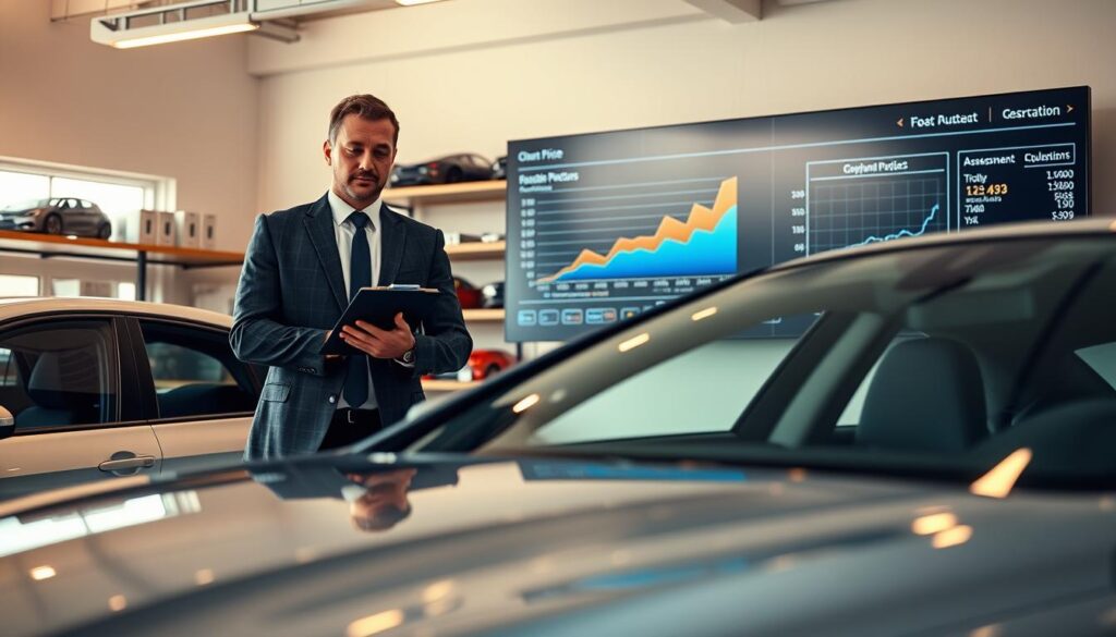 A professional automotive expert, dressed in a smart business suit, stands confidently beside a sleek modern car in a well-lit office environment. The foreground features the expert examining the vehicle with a clipboard, showcasing a precise focus on the details of the car’s exterior. In the middle ground, a large digital screen displays graphs and data related to vehicle pricing and assessments, providing context to the valuation process. The background reveals shelves neatly arranged with car parts and technical manuals, emphasizing the expertise of the environment. Soft, warm lighting enhances the professionalism and atmosphere of diligence and expertise, creating a mood that conveys trust and authority in vehicle assessment. The camera angle is slightly elevated, capturing both the expert and the digital display for a comprehensive view. A professional automotive expert, dressed in a smart business suit, stands confidently beside a sleek modern car in a well-lit office environment. The foreground features the expert examining the vehicle with a clipboard, showcasing a precise focus on the details of the car’s exterior. In the middle ground, a large digital screen displays graphs and data related to vehicle pricing and assessments, providing context to the valuation process. The background reveals shelves neatly arranged with car parts and technical manuals, emphasizing the expertise of the environment. Soft, warm lighting enhances the professionalism and atmosphere of diligence and expertise, creating a mood that conveys trust and authority in vehicle assessment. The camera angle is slightly elevated, capturing both the expert and the digital display for a comprehensive view.