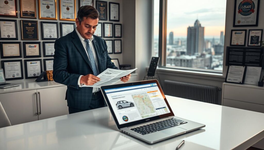 A professional automotive expert, or "rzeczoznawca," stands confidently in an office filled with automotive industry certificates and awards. In the foreground, the expert, wearing a tailored business suit, examines a detailed vehicle report on a sleek modern desk illuminated by soft, warm lighting. In the middle ground, an open laptop displays complex auto valuation software against the backdrop of a large window showing a city skyline. The atmosphere is focused and professional, highlighting the importance of expertise in vehicle appraisal. The scene is taken from a slightly elevated angle to capture both the expert's expression of concentration and the impressive setup of tools used in their work. The overall mood conveys professionalism, confidence, and detailed analysis.