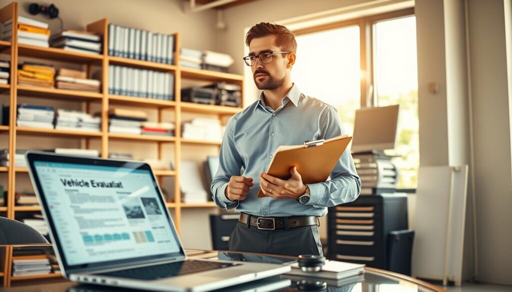 A professional automotive expert, portrayed as an experienced vehicle appraiser, stands in a bright, modern office environment. He is dressed in smart casual attire, featuring a crisp shirt and tailored trousers. The foreground showcases an open laptop displaying detailed vehicle evaluation reports, while the middle ground includes a large window showcasing a sunny day outside, providing natural light. In the background, shelves filled with automotive books and tools symbolize expertise and professionalism. The atmosphere is focused and insightful, emphasizing the importance of accurate vehicle assessments. The lighting is warm and inviting, with soft shadows creating depth. The expert holds a clipboard with evaluation data, pondering thoughtfully. The overall mood conveys trust and reliability in vehicle appraisal services. A professional automotive expert, portrayed as an experienced vehicle appraiser, stands in a bright, modern office environment. He is dressed in smart casual attire, featuring a crisp shirt and tailored trousers. The foreground showcases an open laptop displaying detailed vehicle evaluation reports, while the middle ground includes a large window showcasing a sunny day outside, providing natural light. In the background, shelves filled with automotive books and tools symbolize expertise and professionalism. The atmosphere is focused and insightful, emphasizing the importance of accurate vehicle assessments. The lighting is warm and inviting, with soft shadows creating depth. The expert holds a clipboard with evaluation data, pondering thoughtfully. The overall mood conveys trust and reliability in vehicle appraisal services.