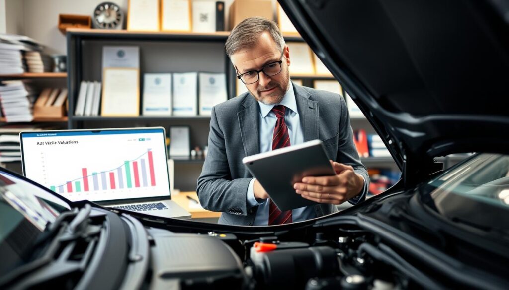 A professional automotive expert, wearing a smart business suit and glasses, is inspecting a car in an office-like environment, filled with various automotive tools and documents around. The foreground features the expert closely examining the engine compartment, using a tablet to record data. In the middle ground, a bright desk filled with paperwork and a laptop shows a graph comparing vehicle valuations. The background consists of shelves with automotive books and certificates, highlighting their expertise. The lighting is bright and focused, creating a serious and professional mood. The angle is slightly elevated, capturing the expert's focused expression and the detailed setting, emphasizing the impact of expertise in vehicle valuation. A professional automotive expert, wearing a smart business suit and glasses, is inspecting a car in an office-like environment, filled with various automotive tools and documents around. The foreground features the expert closely examining the engine compartment, using a tablet to record data. In the middle ground, a bright desk filled with paperwork and a laptop shows a graph comparing vehicle valuations. The background consists of shelves with automotive books and certificates, highlighting their expertise. The lighting is bright and focused, creating a serious and professional mood. The angle is slightly elevated, capturing the expert's focused expression and the detailed setting, emphasizing the impact of expertise in vehicle valuation.