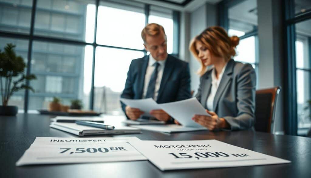 A professional business meeting scene focused on an insurance valuation discussion. In the foreground, a table with documents detailing "7,500 EUR" and "MOTOEXPERT 15,000 EUR" contrasts on neat papers. In the middle, two professionals, a man and a woman in business attire, are engaged in serious conversation, analyzing the papers intently. The background features a modern office setting with large windows letting in natural light, creating a bright and optimistic atmosphere. The lens captures the scene from a slightly elevated angle, emphasizing the tension of the discussion. Soft shadows enhance the depth, and a calm color palette of blues and grays contributes to a focused, professional mood. A professional business meeting scene focused on an insurance valuation discussion. In the foreground, a table with documents detailing "7,500 EUR" and "MOTOEXPERT 15,000 EUR" contrasts on neat papers. In the middle, two professionals, a man and a woman in business attire, are engaged in serious conversation, analyzing the papers intently. The background features a modern office setting with large windows letting in natural light, creating a bright and optimistic atmosphere. The lens captures the scene from a slightly elevated angle, emphasizing the tension of the discussion. Soft shadows enhance the depth, and a calm color palette of blues and grays contributes to a focused, professional mood.