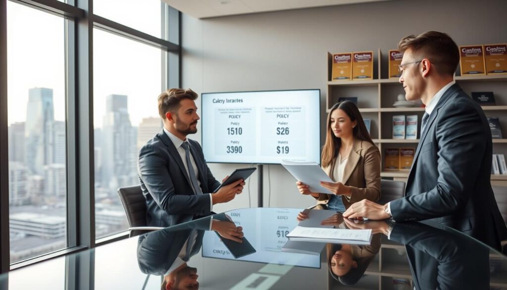 A professional car insurance consultation scene, featuring a sleek, modern office environment with a large window showing a cityscape in daylight. In the foreground, a confident insurance agent dressed in smart business attire is discussing policy details with a couple seated at a glass table. The couple appears engaged and attentive, holding documents and a tablet. In the middle ground, a digital screen displays comparative policy rates, emphasizing their contrasting values. The background captures shelves lined with awards and car insurance guides under soft, natural lighting, creating an atmosphere of professionalism and trust. The scene should convey a thoughtful and analytical mood, focusing on the importance of choosing the right insurance quote. A professional car insurance consultation scene, featuring a sleek, modern office environment with a large window showing a cityscape in daylight. In the foreground, a confident insurance agent dressed in smart business attire is discussing policy details with a couple seated at a glass table. The couple appears engaged and attentive, holding documents and a tablet. In the middle ground, a digital screen displays comparative policy rates, emphasizing their contrasting values. The background captures shelves lined with awards and car insurance guides under soft, natural lighting, creating an atmosphere of professionalism and trust. The scene should convey a thoughtful and analytical mood, focusing on the importance of choosing the right insurance quote.