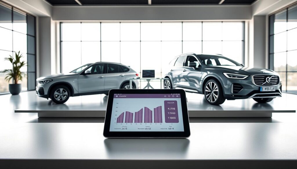 A professional comparison of vehicle valuations featuring two side-by-side cars on a sleek, modern digital display. On the left, a 4,700 EUR vehicle with a humble but well-maintained appearance, and on the right, a more luxurious vehicle valued at 9,900 EUR, showcasing subtle differences in design and features. The foreground displays a high-tech tablet showing graphs and statistics related to both valuations. In the middle ground, a sophisticated office setting with minimalistic furniture, an elegant desk, and a laptop open with financial data. The background consists of a large window allowing natural light to flood the room, creating a bright, focused atmosphere. The image should have a professional, analytical tone, highlighting the importance of financial evaluations. A professional comparison of vehicle valuations featuring two side-by-side cars on a sleek, modern digital display. On the left, a 4,700 EUR vehicle with a humble but well-maintained appearance, and on the right, a more luxurious vehicle valued at 9,900 EUR, showcasing subtle differences in design and features. The foreground displays a high-tech tablet showing graphs and statistics related to both valuations. In the middle ground, a sophisticated office setting with minimalistic furniture, an elegant desk, and a laptop open with financial data. The background consists of a large window allowing natural light to flood the room, creating a bright, focused atmosphere. The image should have a professional, analytical tone, highlighting the importance of financial evaluations.
