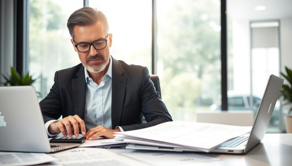 A professional compensation specialist in a smart business suit, seated at a modern desk cluttered with paperwork, a laptop open, and a calculator in front of them. The foreground features a focused expression as they review documents regarding insurance valuation. In the middle, documents spread out, with numbers clearly visible indicating differing valuations. The background showcases a sleek office environment with large windows allowing natural light to pour in, creating a bright and optimistic atmosphere. Use soft lighting to emphasize the serious tone of the work, captured with a shallow depth of field to keep the focus on the specialist. The image conveys a sense of trust, authority, and professionalism, perfect for illustrating the nuances in insurance assessments. A professional compensation specialist in a smart business suit, seated at a modern desk cluttered with paperwork, a laptop open, and a calculator in front of them. The foreground features a focused expression as they review documents regarding insurance valuation. In the middle, documents spread out, with numbers clearly visible indicating differing valuations. The background showcases a sleek office environment with large windows allowing natural light to pour in, creating a bright and optimistic atmosphere. Use soft lighting to emphasize the serious tone of the work, captured with a shallow depth of field to keep the focus on the specialist. The image conveys a sense of trust, authority, and professionalism, perfect for illustrating the nuances in insurance assessments.
