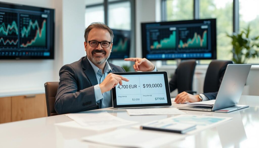 A professional insurance advisor sitting at a sleek, modern desk, surrounded by papers and digital screens displaying graphs and charts related to insurance assessments. The foreground features a close-up of a client-looking satisfied as they discuss their insurance options. In the middle, the advisor, a middle-aged person in a smart business suit, points at a digital tablet showcasing contrasting insurance quotes, “4,700 EUR” and “9,900 EUR,” effectively highlighting the comparison. The background captures a bright, well-lit office space with large windows allowing natural light, creating a positive and trusting atmosphere. The focus is sharp on the subjects, with a slight bokeh effect on the background to emphasize the professionalism of the scene, while conveying an optimistic mood about customer satisfaction and informed decision-making.