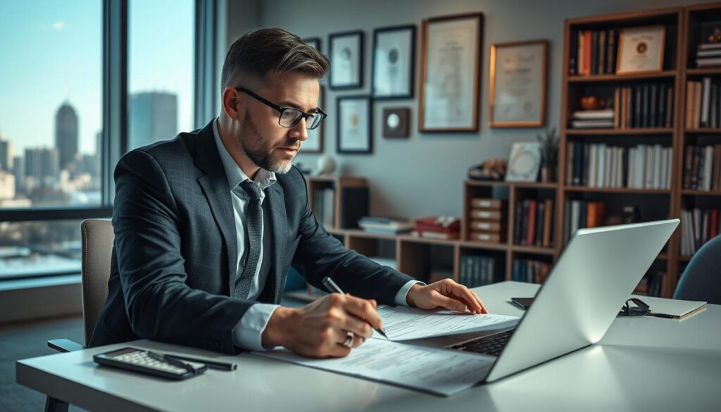 A professional insurance appraiser (rzeczoznawca ubezpieczeniowy) analyzing a detailed car valuation report in a modern office. In the foreground, a well-dressed male appraiser, focused and thoughtful, sits at a sleek desk covered with documents, a laptop open, and a calculator at hand. In the middle ground, a large window reveals a city skyline bathed in natural light, enhancing the atmosphere of professionalism. On the walls, framed certificates and awards imply expertise and trustworthiness. The background features a bookshelf filled with industry-related books and resources. The lighting is bright but soft, creating a welcoming and attentive mood. The perspective is slightly elevated, capturing the appraiser's intense focus on his task while surrounded by tools of the valuation trade. A professional insurance appraiser (rzeczoznawca ubezpieczeniowy) analyzing a detailed car valuation report in a modern office. In the foreground, a well-dressed male appraiser, focused and thoughtful, sits at a sleek desk covered with documents, a laptop open, and a calculator at hand. In the middle ground, a large window reveals a city skyline bathed in natural light, enhancing the atmosphere of professionalism. On the walls, framed certificates and awards imply expertise and trustworthiness. The background features a bookshelf filled with industry-related books and resources. The lighting is bright but soft, creating a welcoming and attentive mood. The perspective is slightly elevated, capturing the appraiser's intense focus on his task while surrounded by tools of the valuation trade.