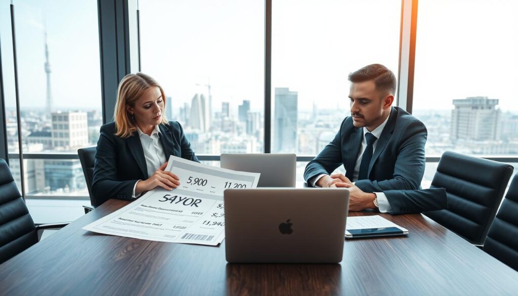 A professional insurance negotiation scene set in a modern conference room. In the foreground, two business professionals in business attire, one a representative from an insurance company and the other a client, are engaged in discussion over a large document highlighting contrasting valuations of 5,900 EUR and 11,800 EUR. In the middle, a sleek laptop and financial charts are visible on the table, showing visual representations of pricing influence. The background features a large window with a cityscape view, pouring in natural light, creating a fresh and dynamic atmosphere. The overall mood is tense yet professional, capturing the critical moment of decision-making influenced by valuation in insurance negotiations.
