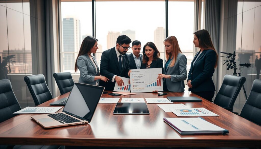 A professional insurance office setting, focused on the concept of "ubezpieczenie OC" (third-party liability insurance). In the foreground, a polished wooden desk with laptops, documents, and charts depicting insurance data. In the middle, a diverse group of business professionals in smart attire discussing over the desk, pointing at the charts. The background features a large window with cityscape views and soft, natural daylight illuminating the room. The atmosphere is serious yet collaborative, reflecting differences in insurance approaches. Use a wide-angle lens for an expansive view, with a slight depth of field to focus on the professionals, enhancing the image's insightful mood.