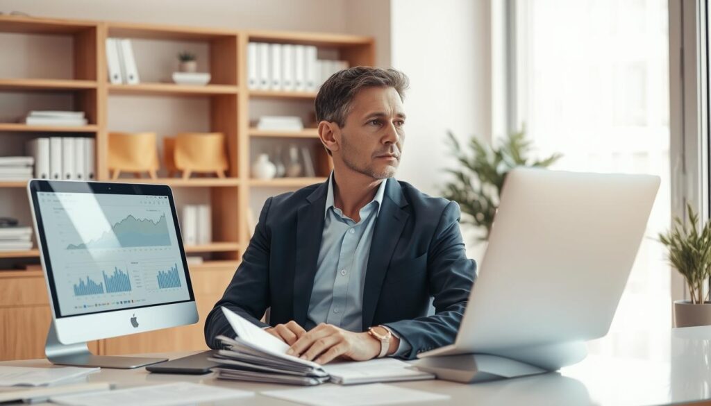 A professional insurance specialist in a modern office setting, seated at a sleek, organized desk filled with documents and insurance policy papers. The specialist is a middle-aged man wearing a tailored navy suit and a light blue shirt, looking thoughtfully at a computer screen that displays graphs and figures relating to insurance evaluations. In the background, there are shelves with books on finance and risk management, and a large window letting in soft, natural light, creating a bright, inviting atmosphere. The image captures a sense of focus and expertise, highlighting the importance of insurance assessment in a professional context. The composition is shot from a slight angle to emphasize both the specialist and the office environment, with a warm, neutral color palette to evoke trust and professionalism. A professional insurance specialist in a modern office setting, seated at a sleek, organized desk filled with documents and insurance policy papers. The specialist is a middle-aged man wearing a tailored navy suit and a light blue shirt, looking thoughtfully at a computer screen that displays graphs and figures relating to insurance evaluations. In the background, there are shelves with books on finance and risk management, and a large window letting in soft, natural light, creating a bright, inviting atmosphere. The image captures a sense of focus and expertise, highlighting the importance of insurance assessment in a professional context. The composition is shot from a slight angle to emphasize both the specialist and the office environment, with a warm, neutral color palette to evoke trust and professionalism.