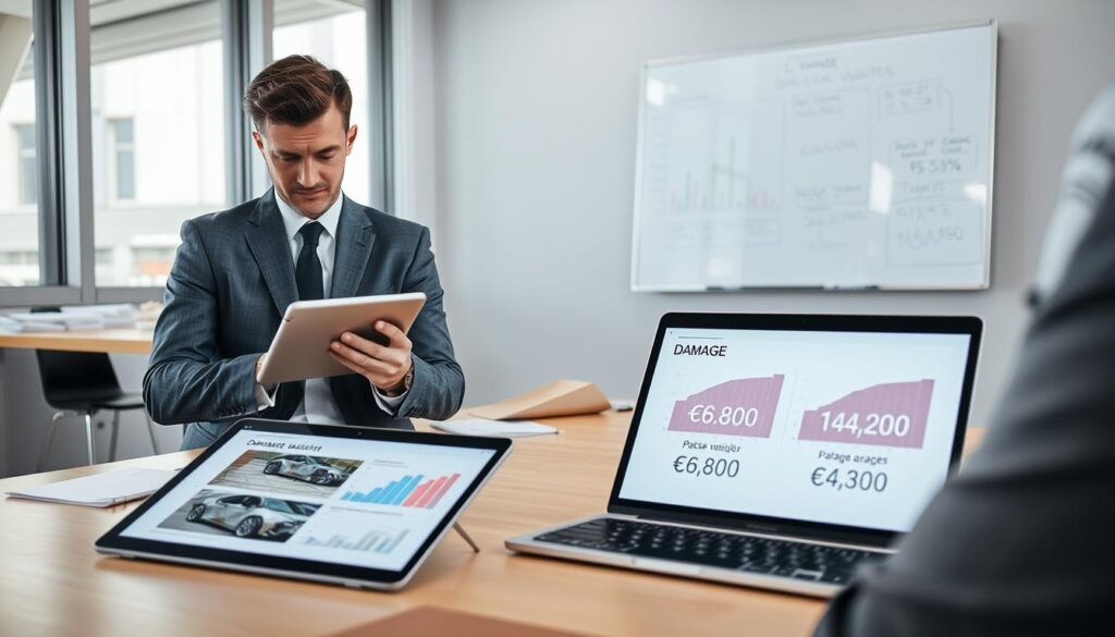 A professional office scene depicting a meeting about vehicle damage assessment. In the foreground, a well-dressed insurance adjuster, with a confident expression, examines a detailed damage report on a sleek tablet. The middle ground features an open laptop displaying comparison charts of damage valuations, highlighting the stark difference between the two figures: €6,800 and €14,200. In the background, a modern conference room with large windows allowing soft, natural light to flood in, illuminating a whiteboard filled with graphs and notes. The atmosphere is focused and analytical, embodying an air of professionalism and advancement in assessment methods. A professional office scene depicting a meeting about vehicle damage assessment. In the foreground, a well-dressed insurance adjuster, with a confident expression, examines a detailed damage report on a sleek tablet. The middle ground features an open laptop displaying comparison charts of damage valuations, highlighting the stark difference between the two figures: €6,800 and €14,200. In the background, a modern conference room with large windows allowing soft, natural light to flood in, illuminating a whiteboard filled with graphs and notes. The atmosphere is focused and analytical, embodying an air of professionalism and advancement in assessment methods.