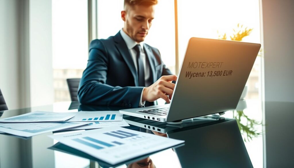 A professional office setting featuring a sleek glass desk with a laptop displaying financial graphs and a document titled "MOTOEXPERT Wycena: 13,500 EUR" prominently. In the foreground, a focused business professional in a well-fitted suit is analyzing data on a tablet, reflecting a sense of diligence and expertise. The middle ground should include charts and reports scattered around the desk, suggesting an in-depth analysis of valuation. In the background, a large window lets in soft, natural light, casting a warm glow that enhances the serious atmosphere of the space. The angle is slightly elevated, capturing both the individual and the workspace harmoniously, conveying a mood of professionalism and determination. A professional office setting featuring a sleek glass desk with a laptop displaying financial graphs and a document titled "MOTOEXPERT Wycena: 13,500 EUR" prominently. In the foreground, a focused business professional in a well-fitted suit is analyzing data on a tablet, reflecting a sense of diligence and expertise. The middle ground should include charts and reports scattered around the desk, suggesting an in-depth analysis of valuation. In the background, a large window lets in soft, natural light, casting a warm glow that enhances the serious atmosphere of the space. The angle is slightly elevated, capturing both the individual and the workspace harmoniously, conveying a mood of professionalism and determination.
