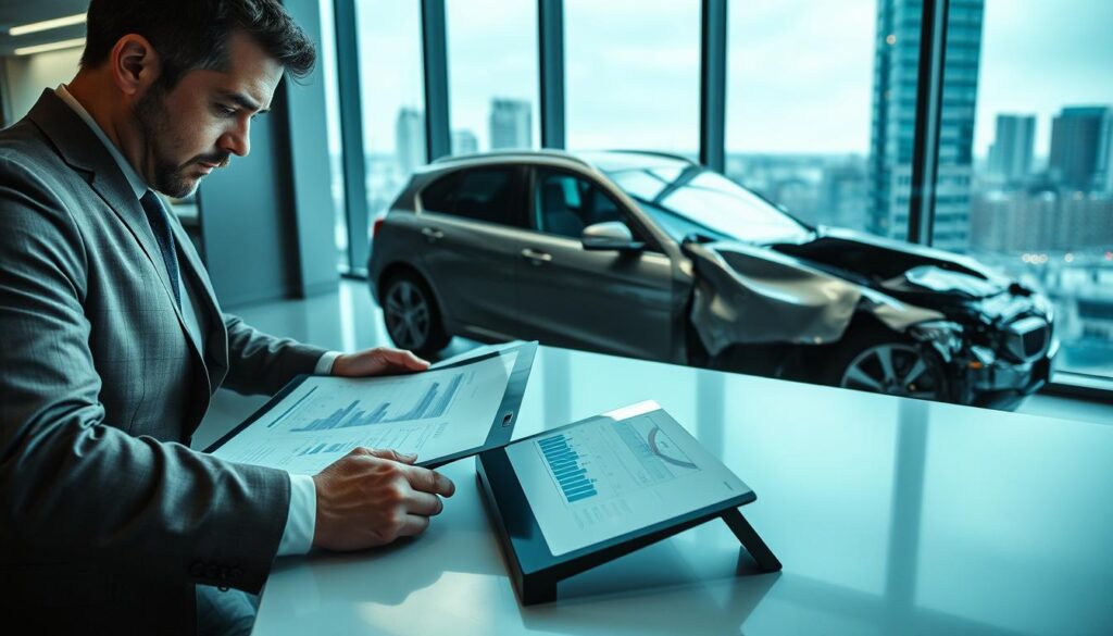 A professional office setting, showcasing a detailed damage assessment scene. In the foreground, a well-dressed insurance adjuster examines vehicle damage reports on a sleek desk, using a high-tech tablet with graphs and numbers visible. The middle layer features a large, damaged car with noticeable imperfections, such as a dented door and cracked windshield, under bright, focused office lighting. In the background, a large window reveals a cityscape, enhancing the urban atmosphere. The mood conveys a sense of professionalism and scrutiny, highlighting the importance of accurate damage evaluation in insurance claims. Soft shadows and a cool color palette evoke a serious yet calm environment, suitable for a business context. A professional office setting, showcasing a detailed damage assessment scene. In the foreground, a well-dressed insurance adjuster examines vehicle damage reports on a sleek desk, using a high-tech tablet with graphs and numbers visible. The middle layer features a large, damaged car with noticeable imperfections, such as a dented door and cracked windshield, under bright, focused office lighting. In the background, a large window reveals a cityscape, enhancing the urban atmosphere. The mood conveys a sense of professionalism and scrutiny, highlighting the importance of accurate damage evaluation in insurance claims. Soft shadows and a cool color palette evoke a serious yet calm environment, suitable for a business context.
